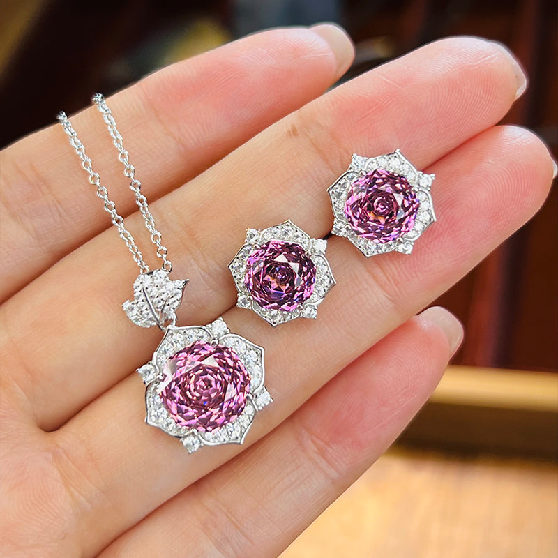 Pink Flower Design Sterling Silver Stud Earrings