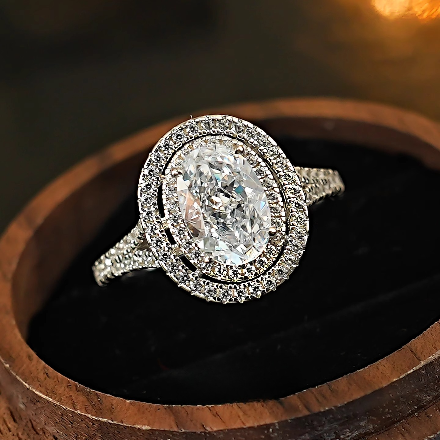 Classic Oval Double Halo Engagement Ring in Sterling Silver