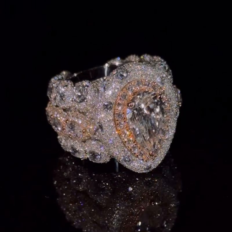 Handmade 5ct Pear Cut With 12ct Side Stones Halo Pave Set Men's Rings