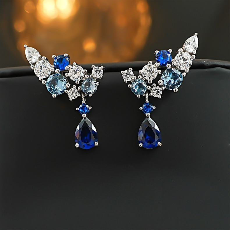 “Celestial Bloom” Blue & White Gradient Drop Earrings in 925 Sterling Silver