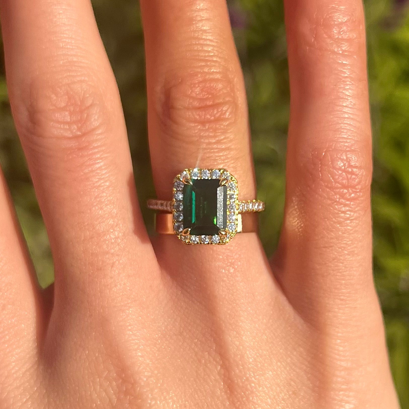 2 Pcs Green Emerald Cut Halo Design Bridal Sets In Golden Tone