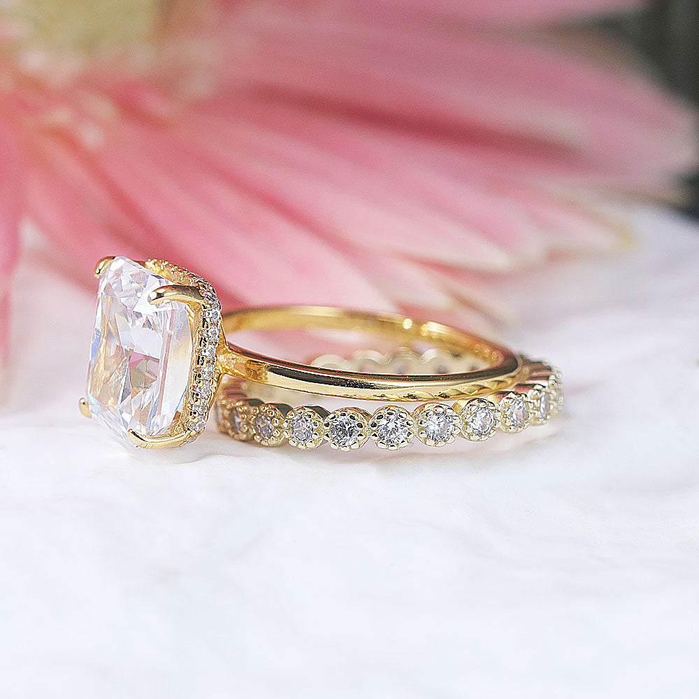 2 Pcs Radiant Cut With Hidden Halo Design Sterling Silver Ring Set