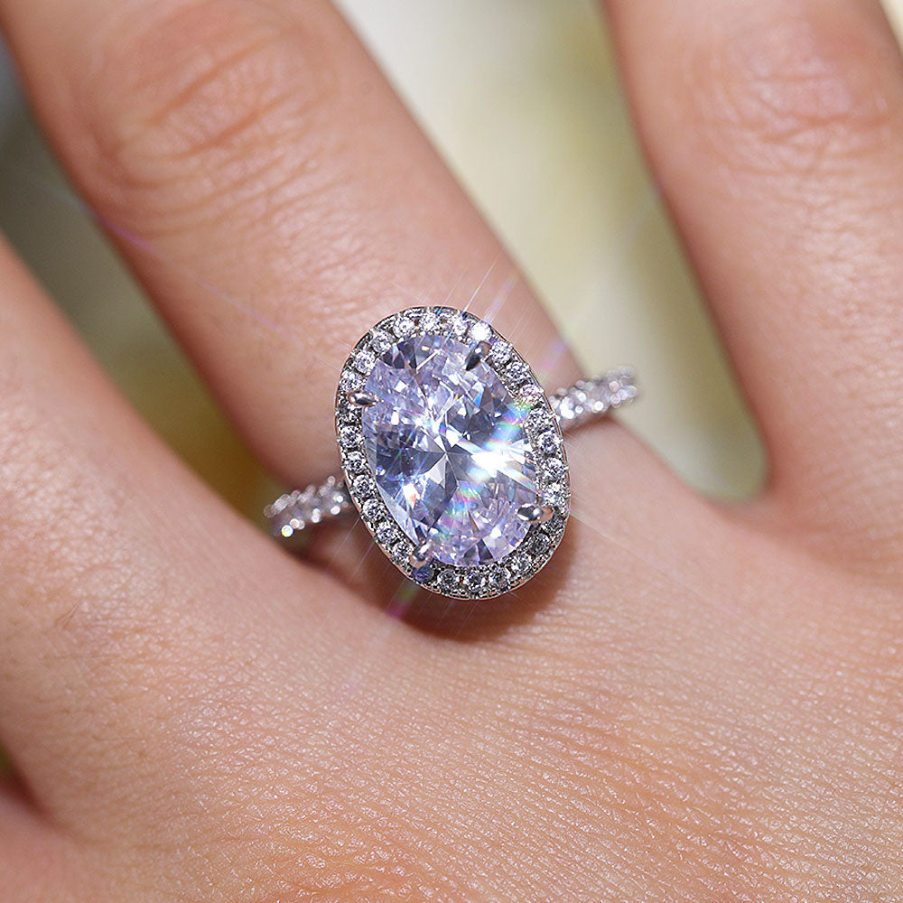 Stunning Oval Cut Halo Design Sterling Silver Engagement Ring