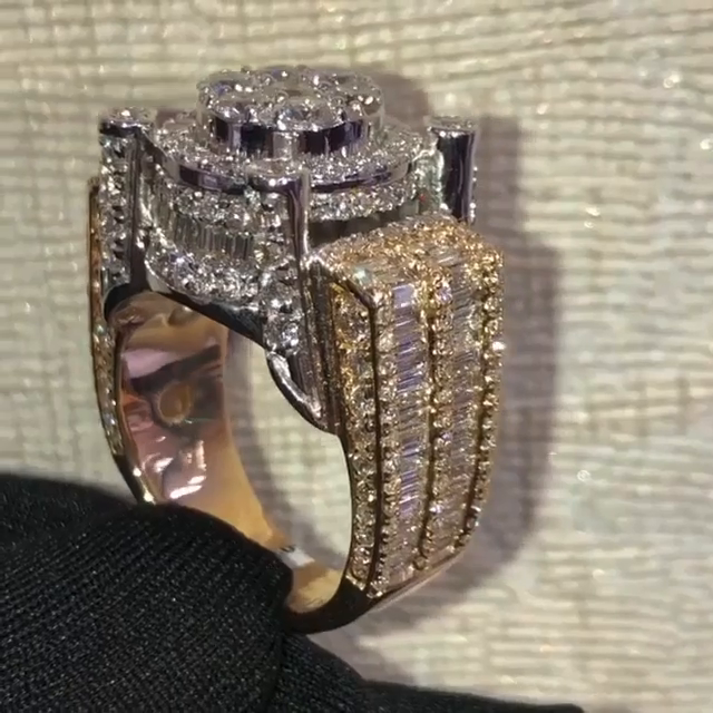 12ctw Round & Emerald Cut White Sapphire Handmade Men's Luxury Ring