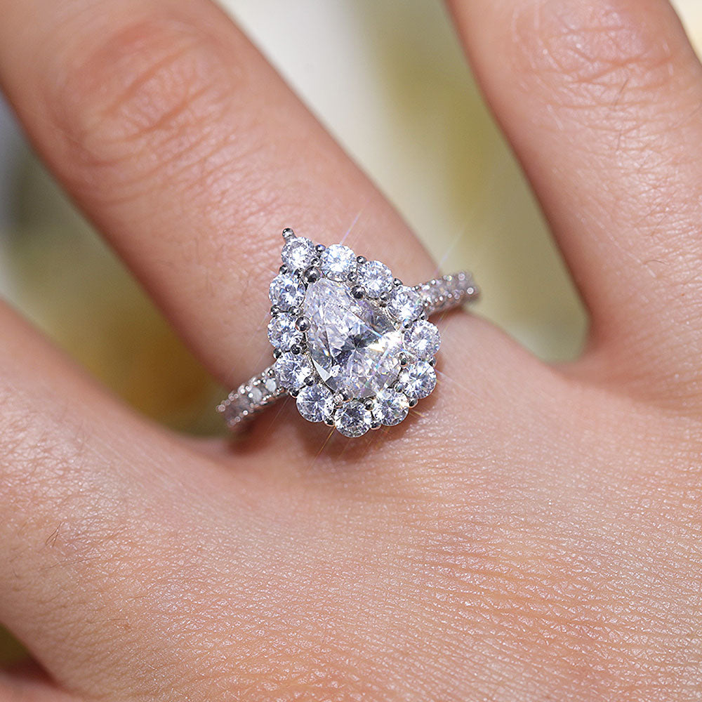 Stunning Pear Cut Halo Design Sterling Silver Engagement Ring