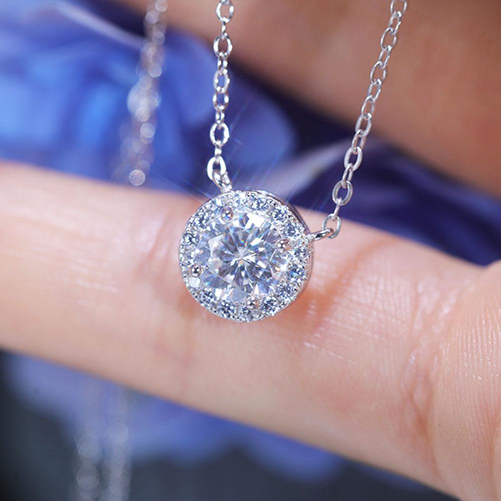 Classic 1.0 CT Round Cut Halo Design Moissanite Necklace