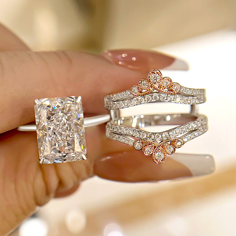2PCS Crown Design Radiant Cut Enhancer Wedding Ring Set