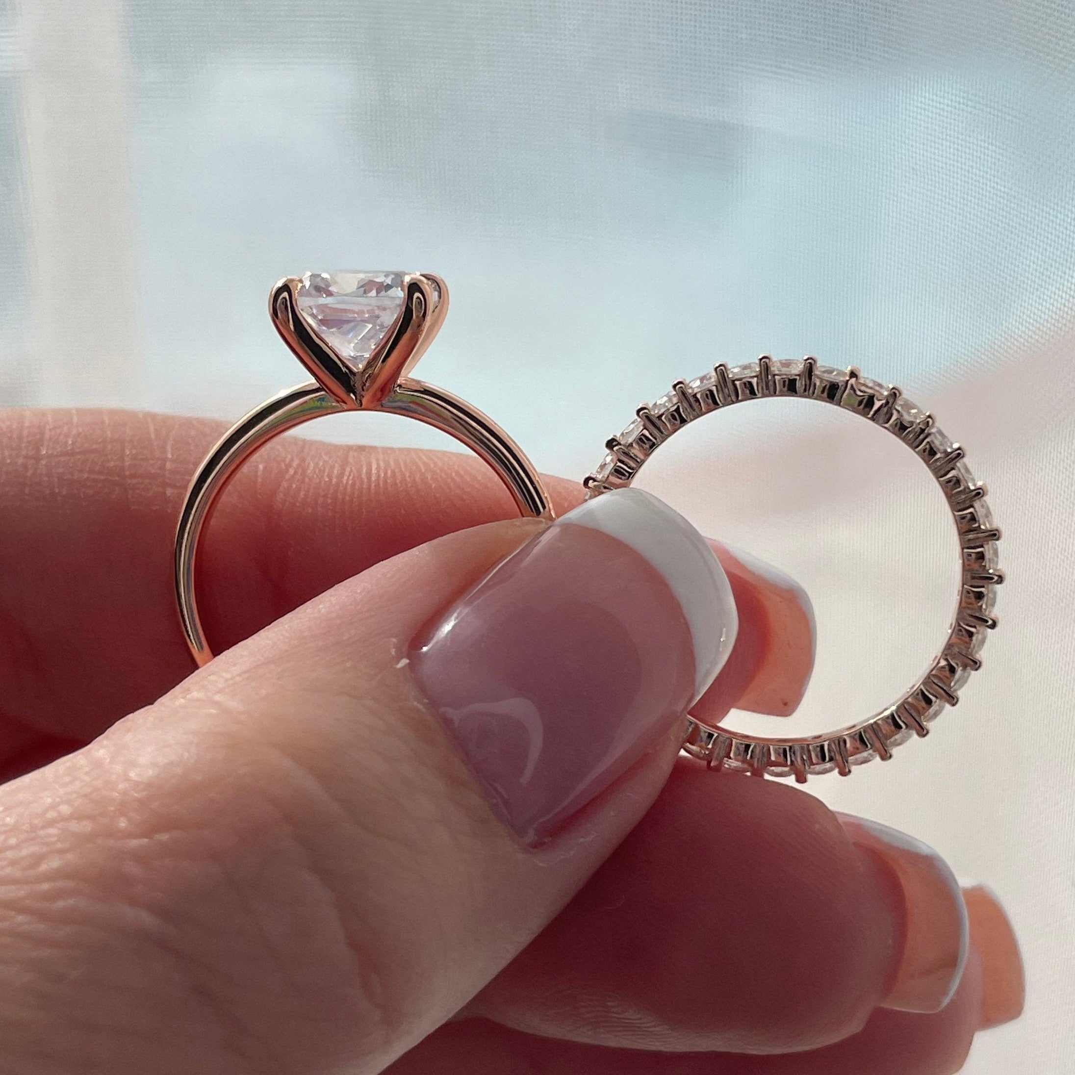 Cushion Cut Solitare Bridal Set Ring with Round Cut Eternity Ring in Sterling Silver