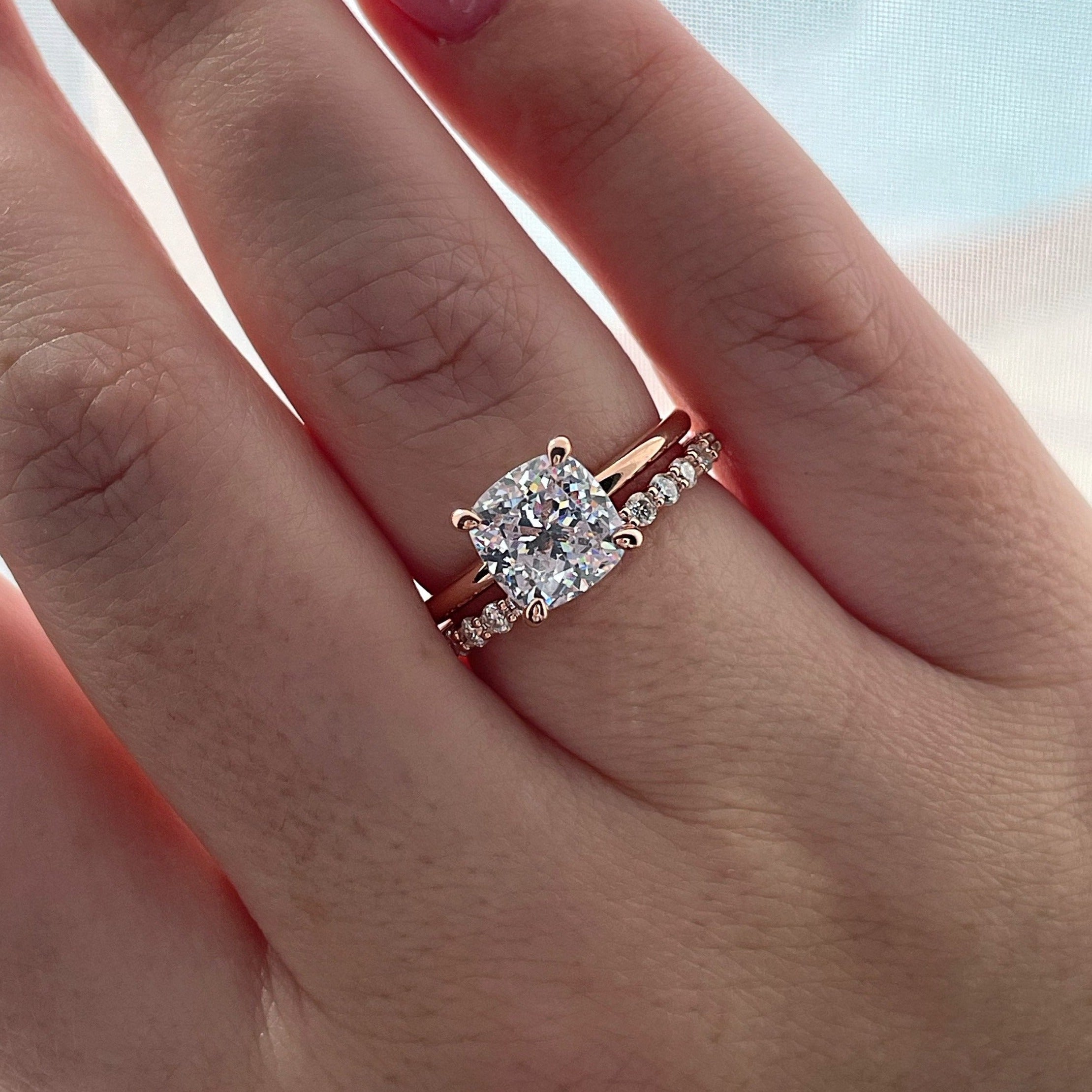 Cushion Cut Solitare Bridal Set Ring with Round Cut Eternity Ring in Sterling Silver