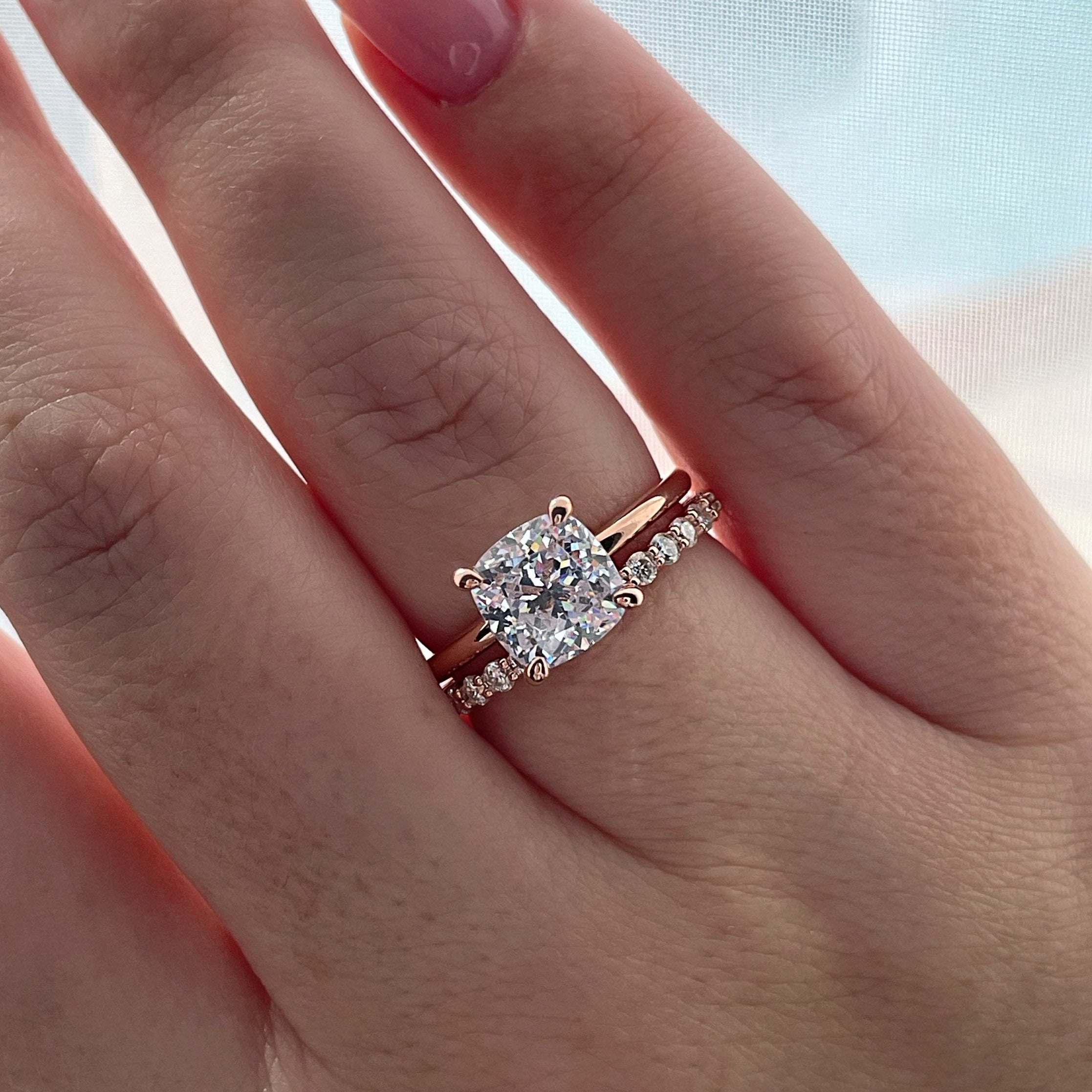 Cushion Cut Solitare Bridal Set Ring with Round Cut Eternity Ring in Sterling Silver