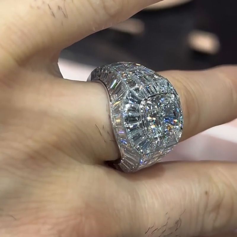 Luxury Cushion Cut With Banquette Cut Side Stone Men's Ring in Sterling Silver