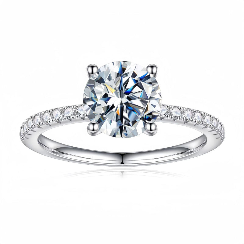 Classic 4 Prong Round Cut Sterling Silver Engagement Ring with Band