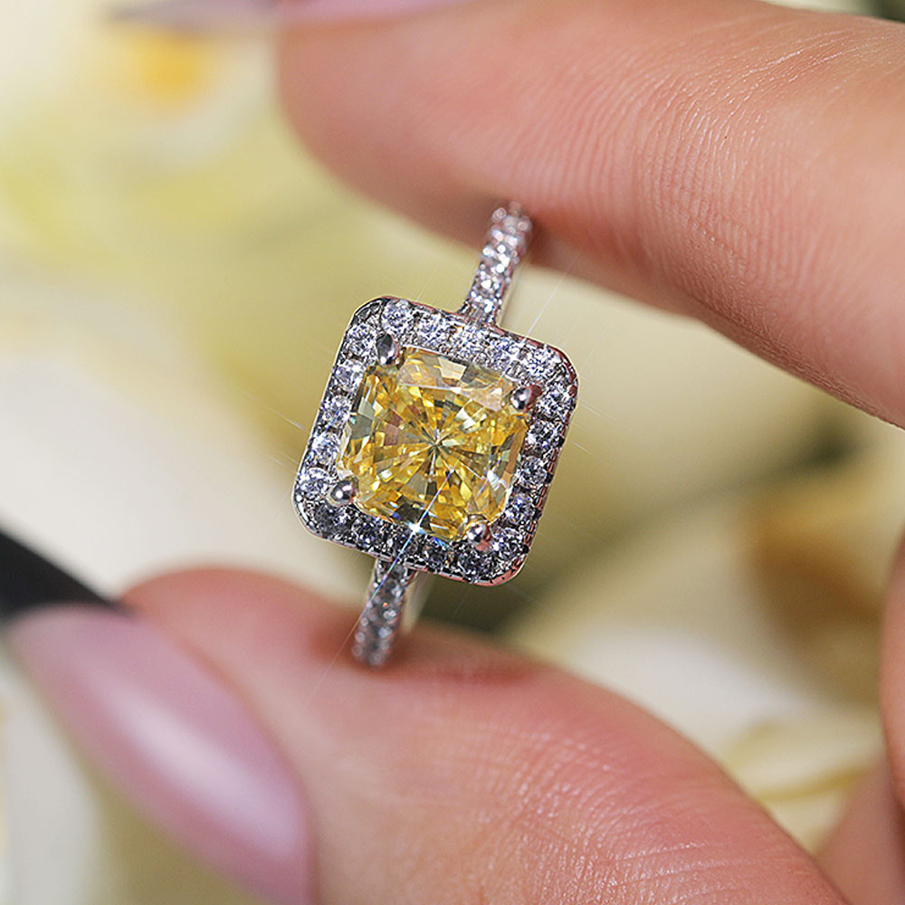 Vintage Cushion Cut Halo Design Yellow Sterling Silver Ring