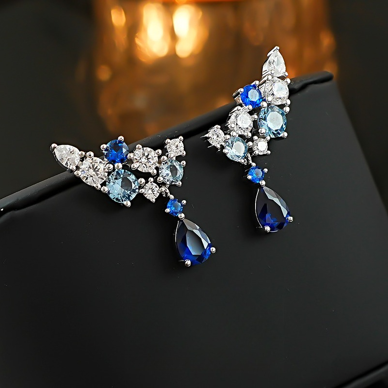 “Celestial Bloom” Blue & White Gradient Drop Earrings in 925 Sterling Silver