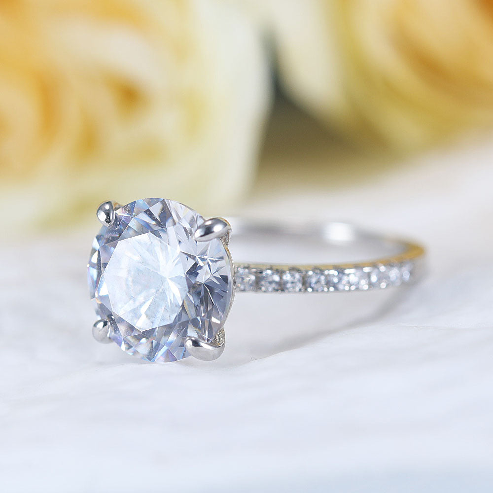 Classic Round Cut Sterling Silver Ring With Half Eternity Band