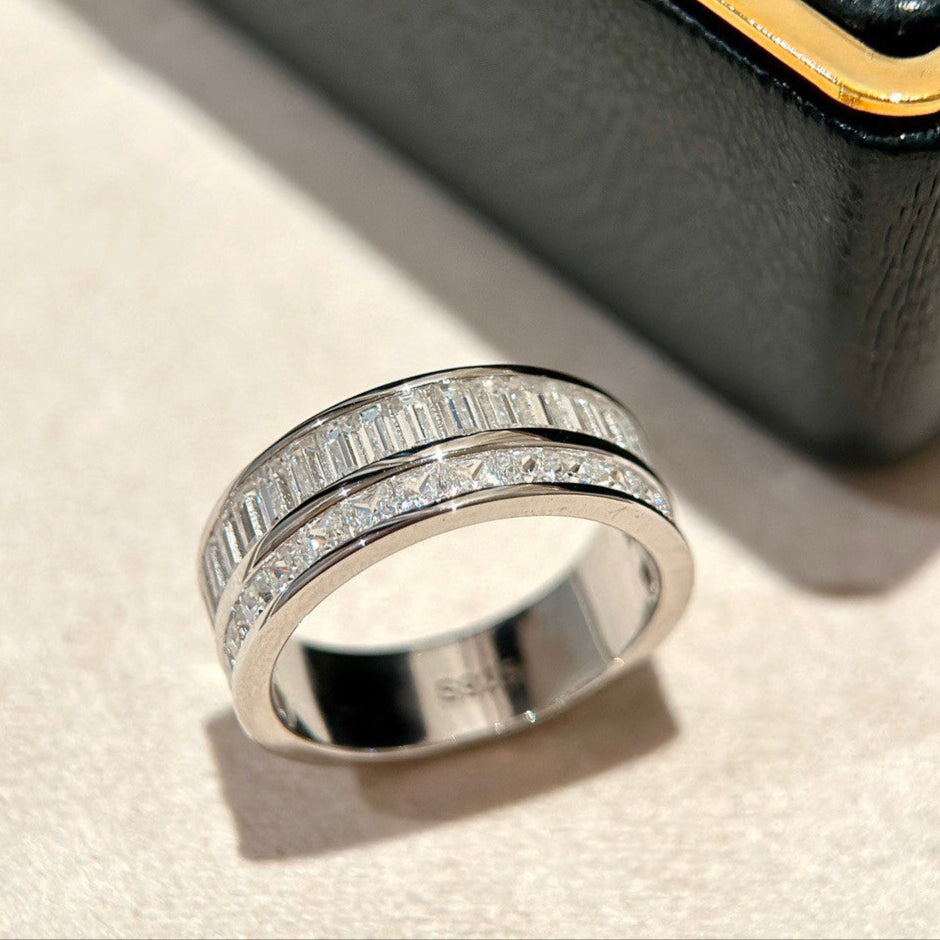 Double Row Band Baguette & Princess Cut Sterling Silver Ring