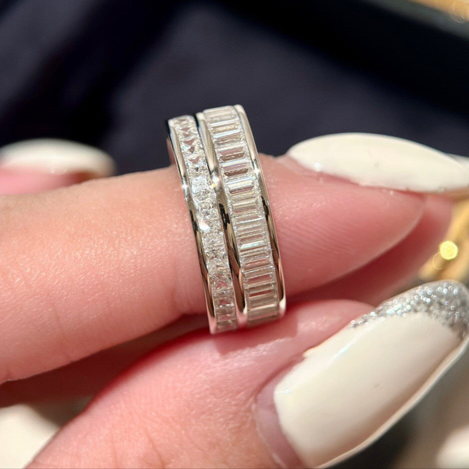 Double Row Band Baguette & Princess Cut Sterling Silver Ring