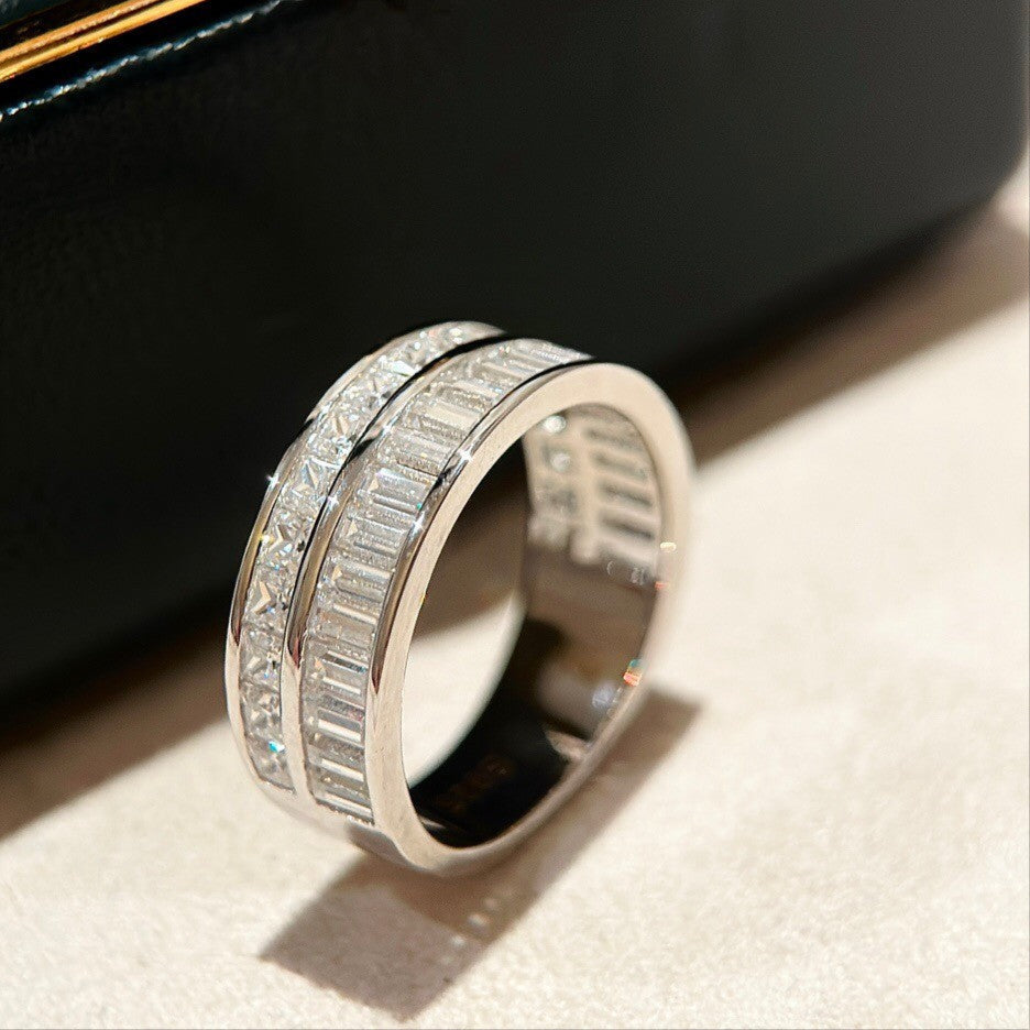 Double Row Band Baguette & Princess Cut Sterling Silver Ring