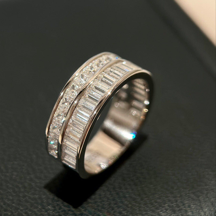 Double Row Band Baguette & Princess Cut Sterling Silver Ring
