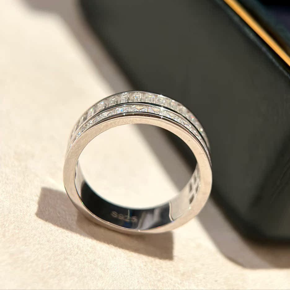 Double Row Band Baguette & Princess Cut Sterling Silver Ring