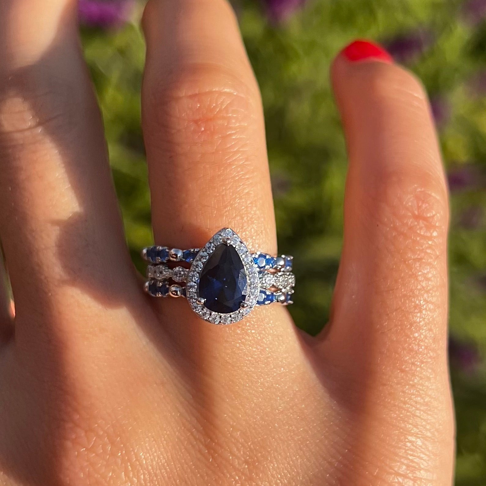 3 Pcs Blue Pear Cut Halo Bridal Set in Sterling Silver