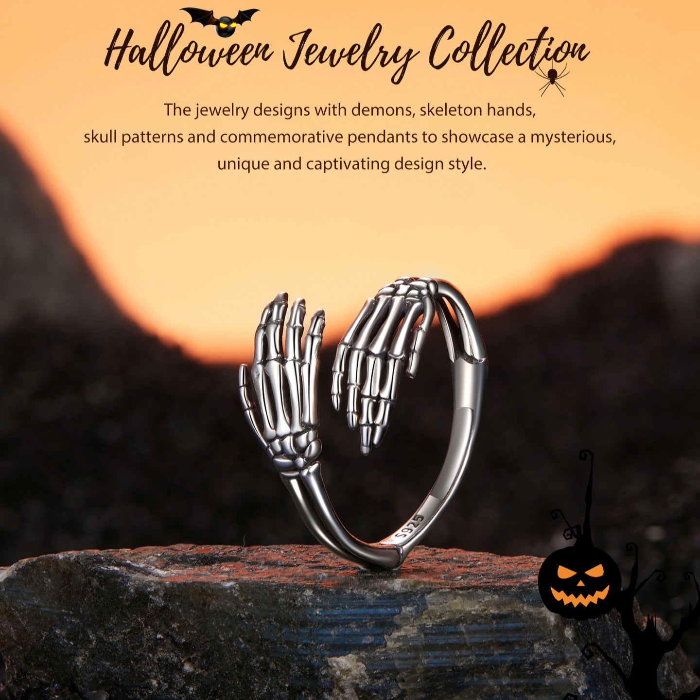 Halloween Skeleton Hand Sterling Silver Open Ring