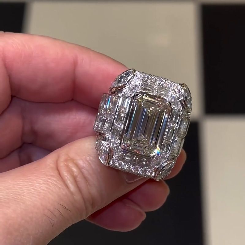 Luxury Halo Emerald Cut Handmade Men's Ring in Sterling Silver