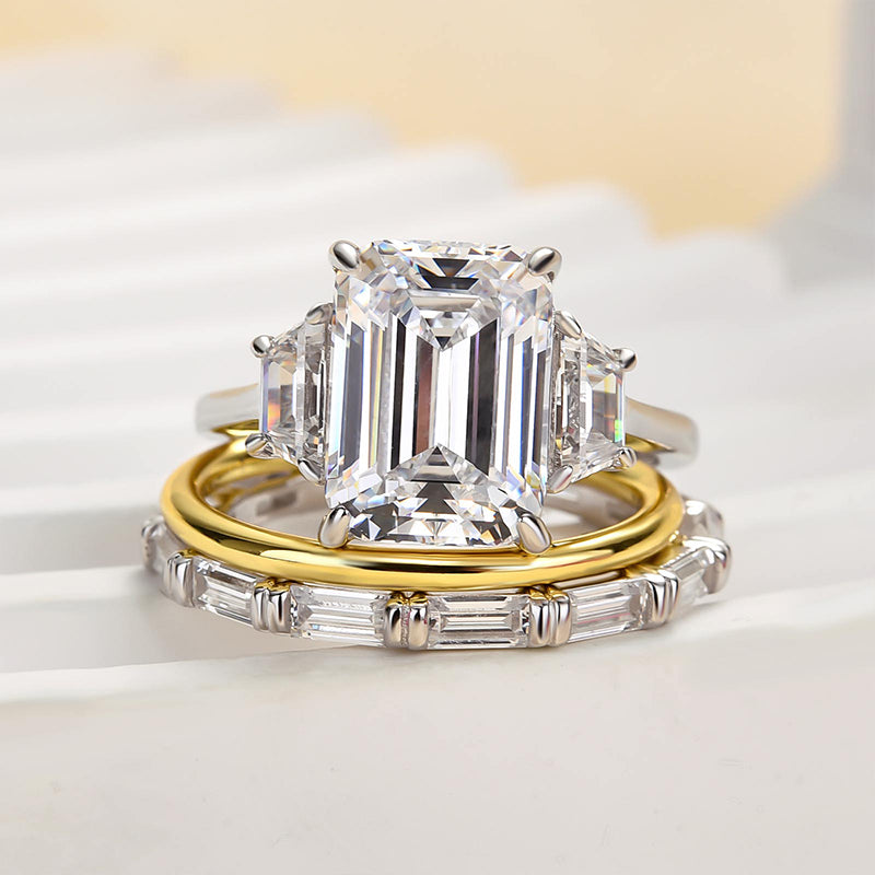 Emerald Cut Three Stone Engagement Ring & Wedding Band