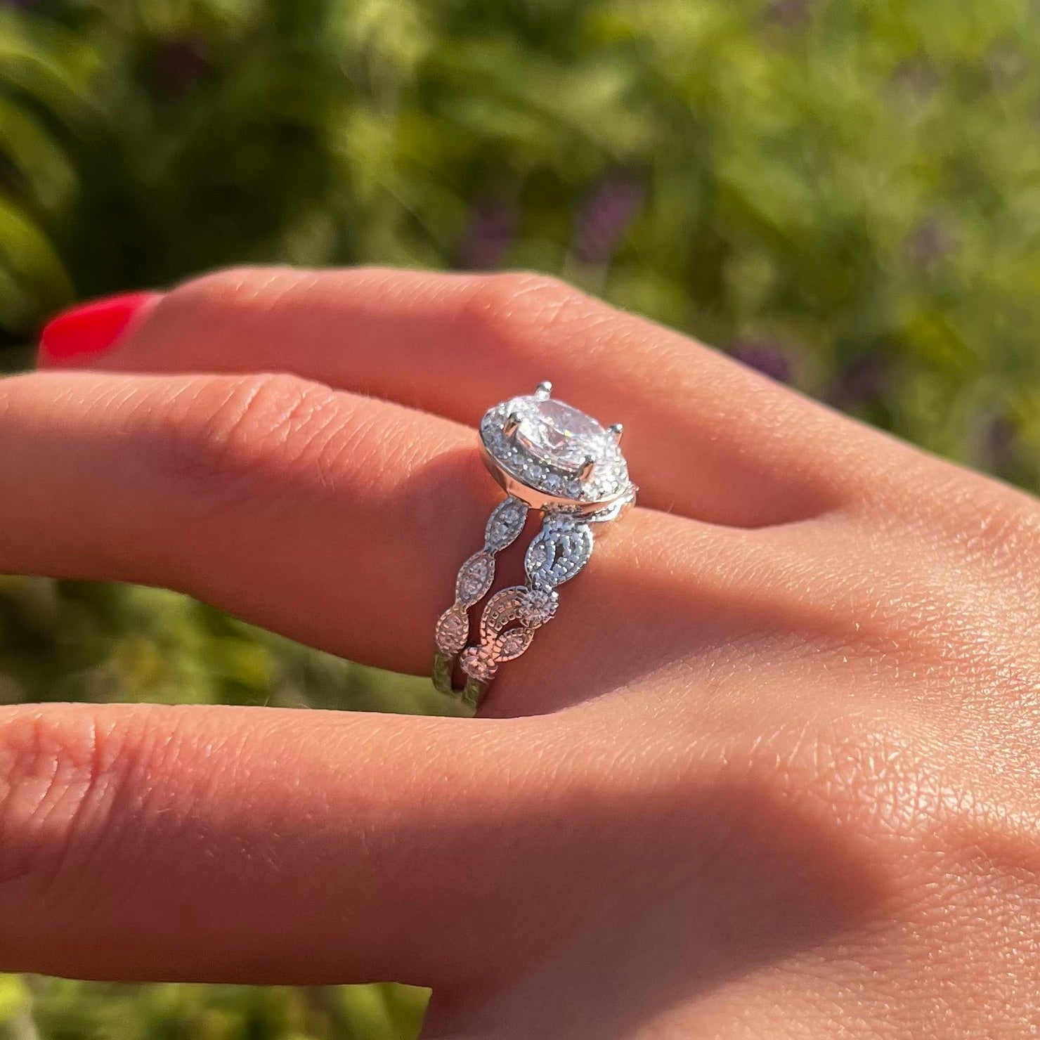 Unique 2 Pcs Oval Cut Halo Sterling Silver Bridal Set With Lace Band