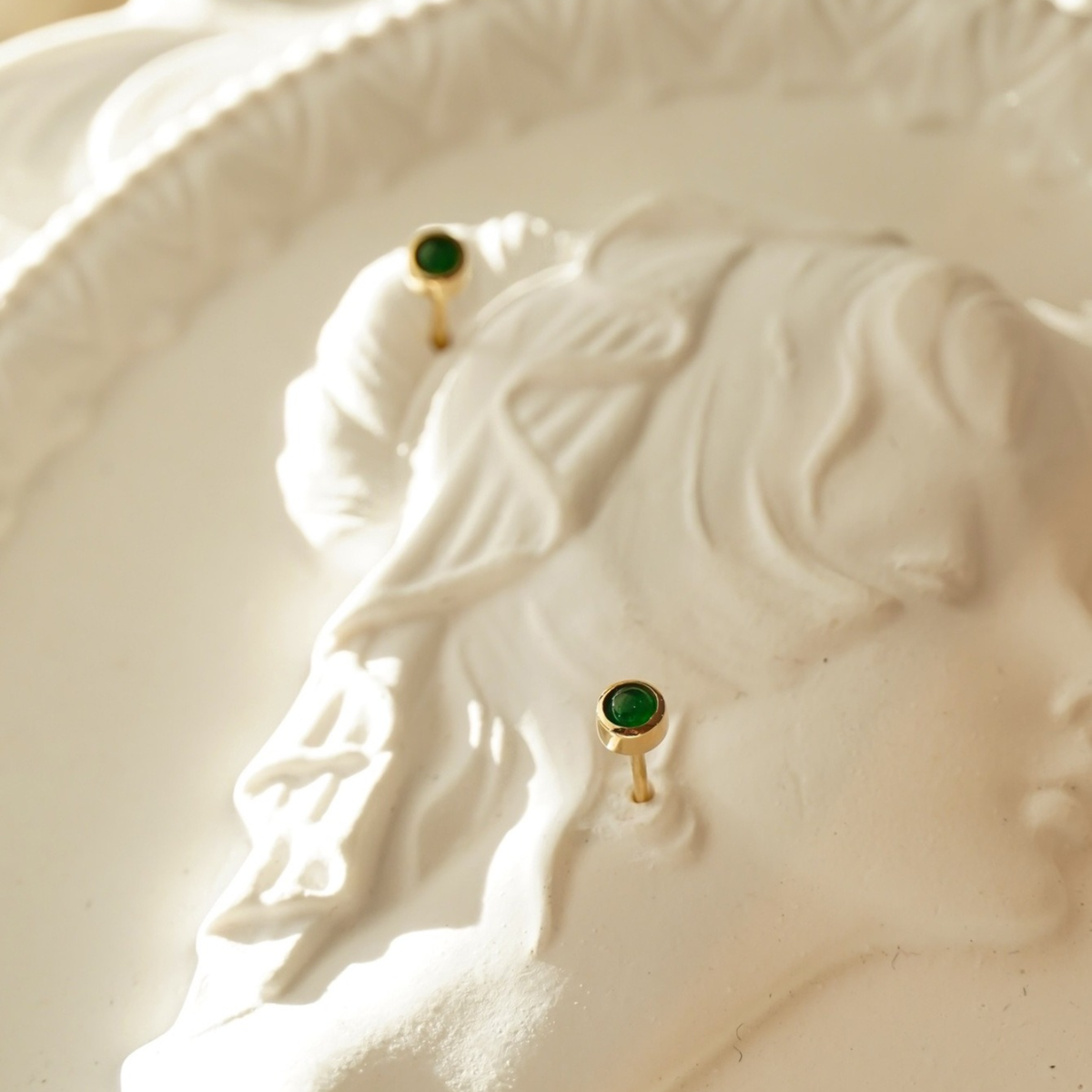 Vintage mini Golden Tone Green Stud Earrings in Sterling Silver