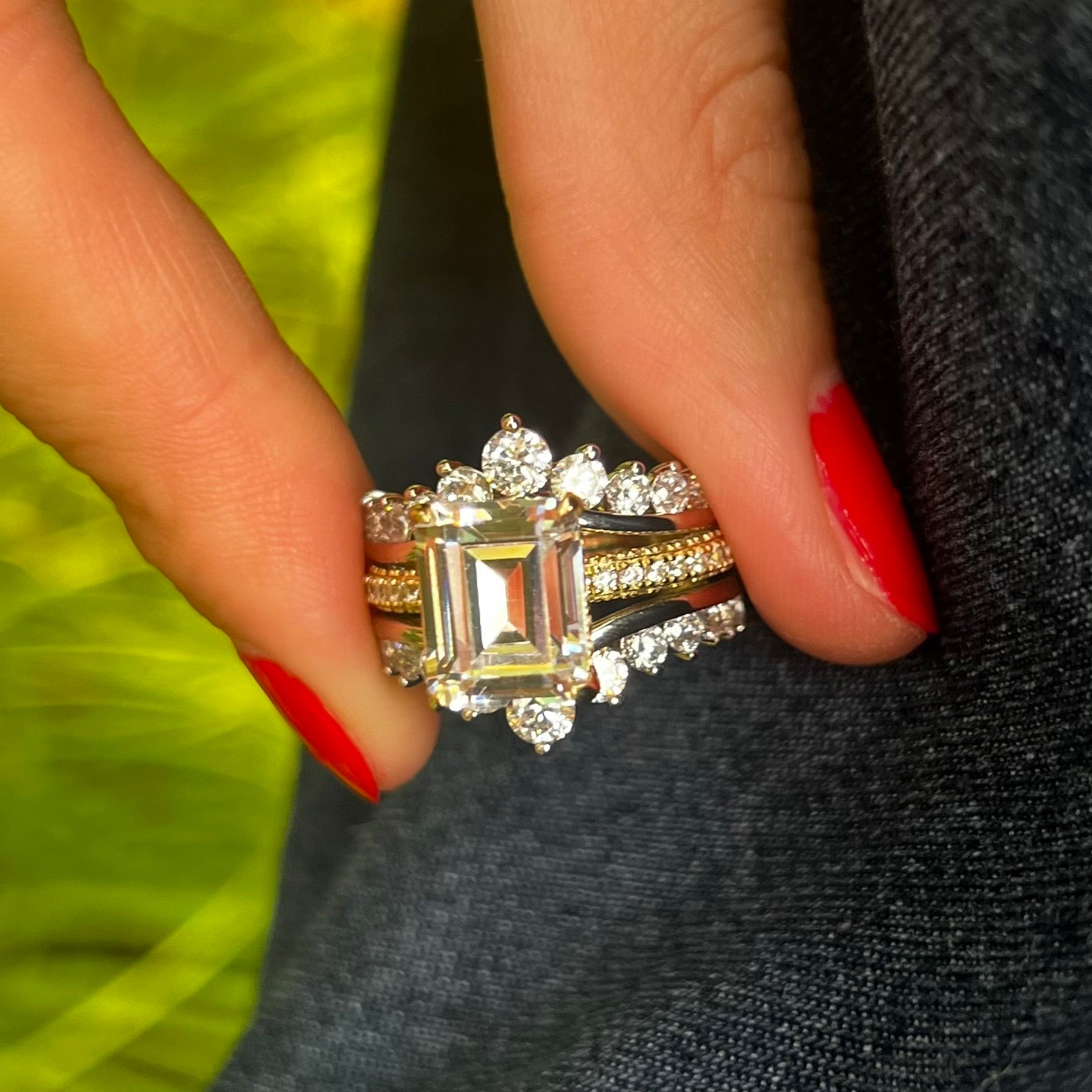 Vintage 2 Pcs Hidden Halo Emerald Cut Insert Bridal Set