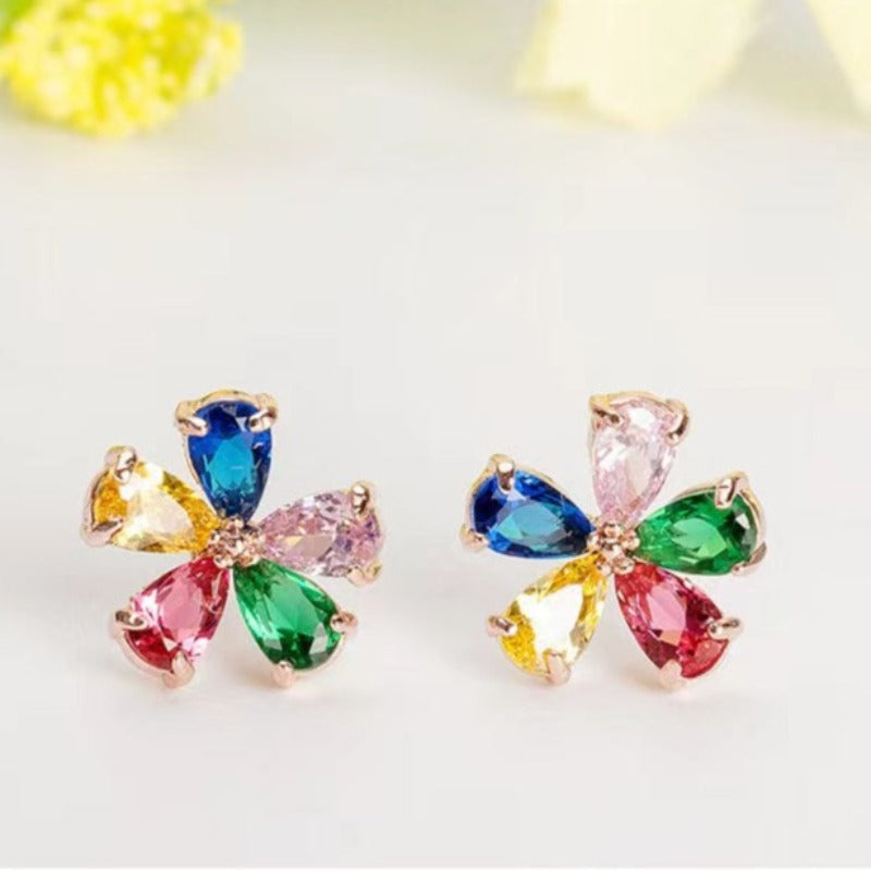 Rose Gold /18K White Gold Plated Sterling Silver Colorful Five-petal Flower Earrings Stud
