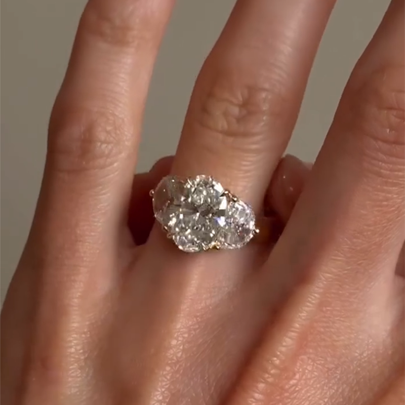 2PCS Three Stone Oval Cut Bridal Set Rings in Sterling Silver