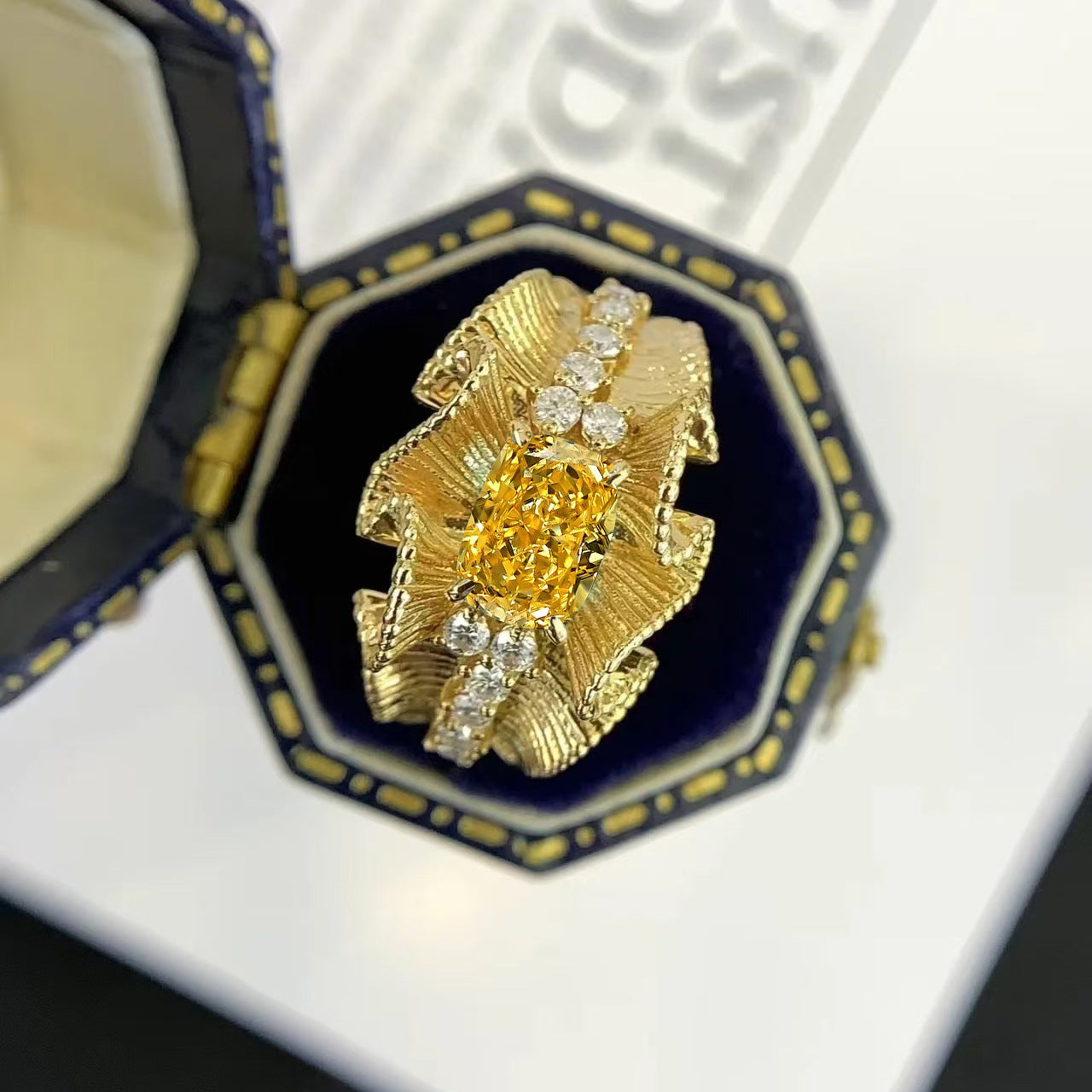 Luxe Pleated Ribbon Ring with Yellow Stone