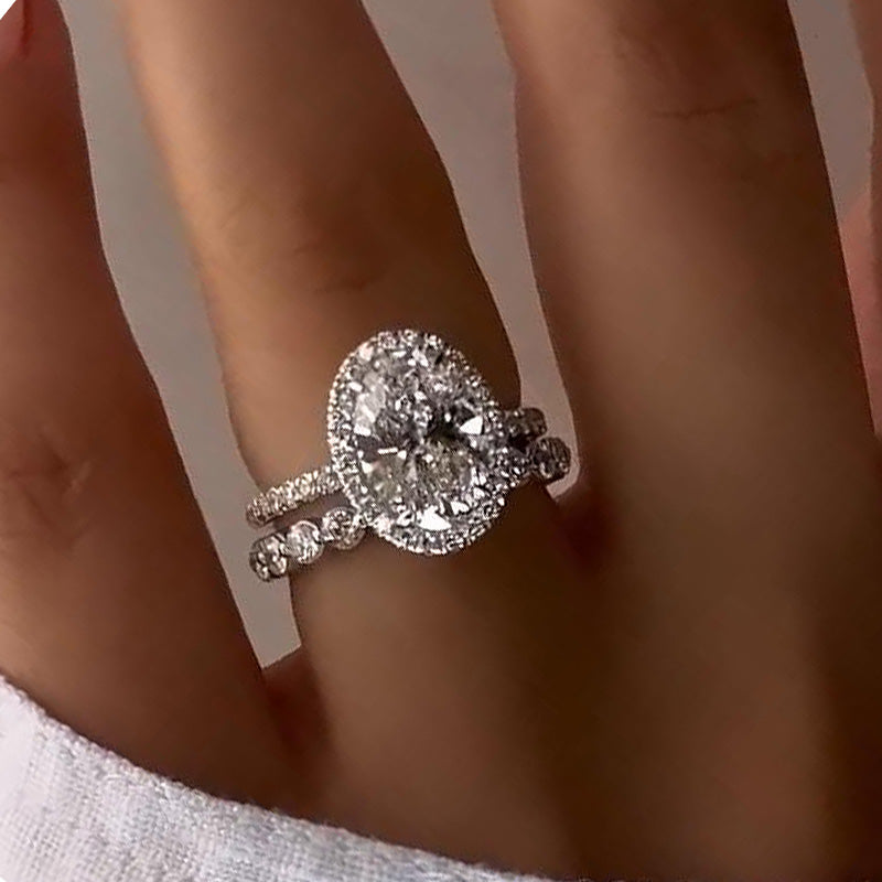 2pcs Halo Oval Cut Wedding Set In Sterling Silver