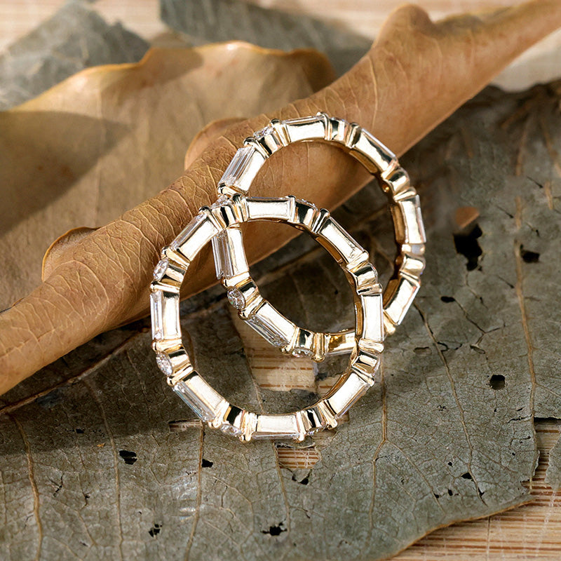 Emerald Cut & Round Cut Alternating Sterling Silver Wedding Band Set