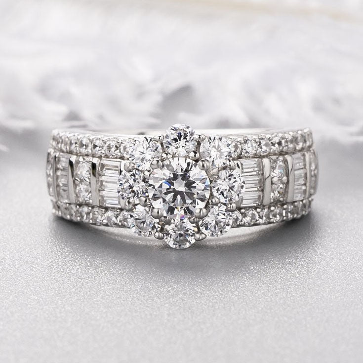 Vintage Flower Design Halo Round Cut Sterling Silver Engagement Ring