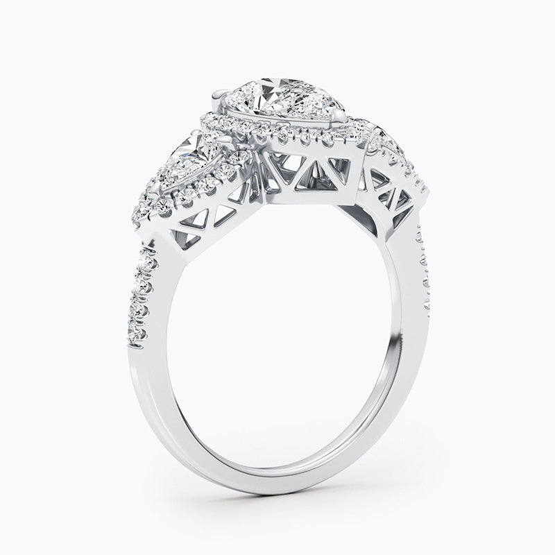 Gorgeous Halo Pear Cut Three Stone Sterling Silver Engagement Ring