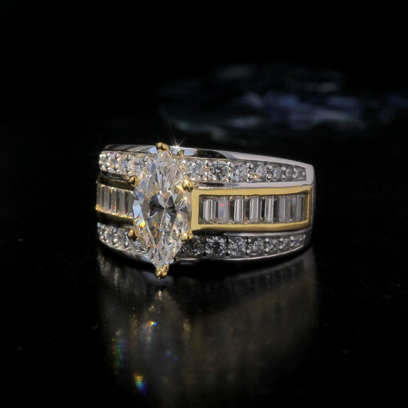 Three Row Marquise Cut Gold Accent Two Tone Engagement Ring
