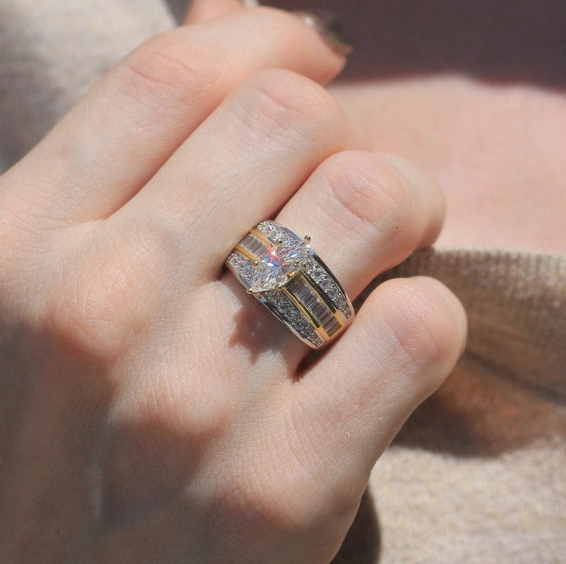 Three Row Marquise Cut Gold Accent Two Tone Engagement Ring