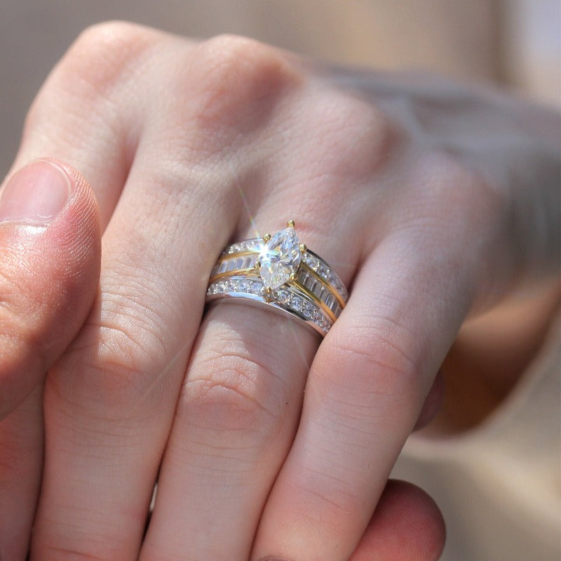 Three Row Marquise Cut Gold Accent Two Tone Engagement Ring