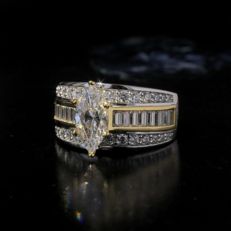 Three Row Marquise Cut Gold Accent Two Tone Engagement Ring