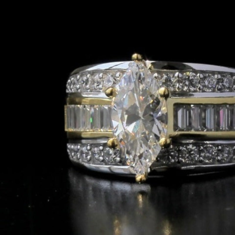 Three Row Marquise Cut Gold Accent Two Tone Engagement Ring