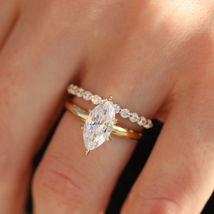 Marquise Cut Solitaire Engagement Ring & Half Eternity Band in Sterling