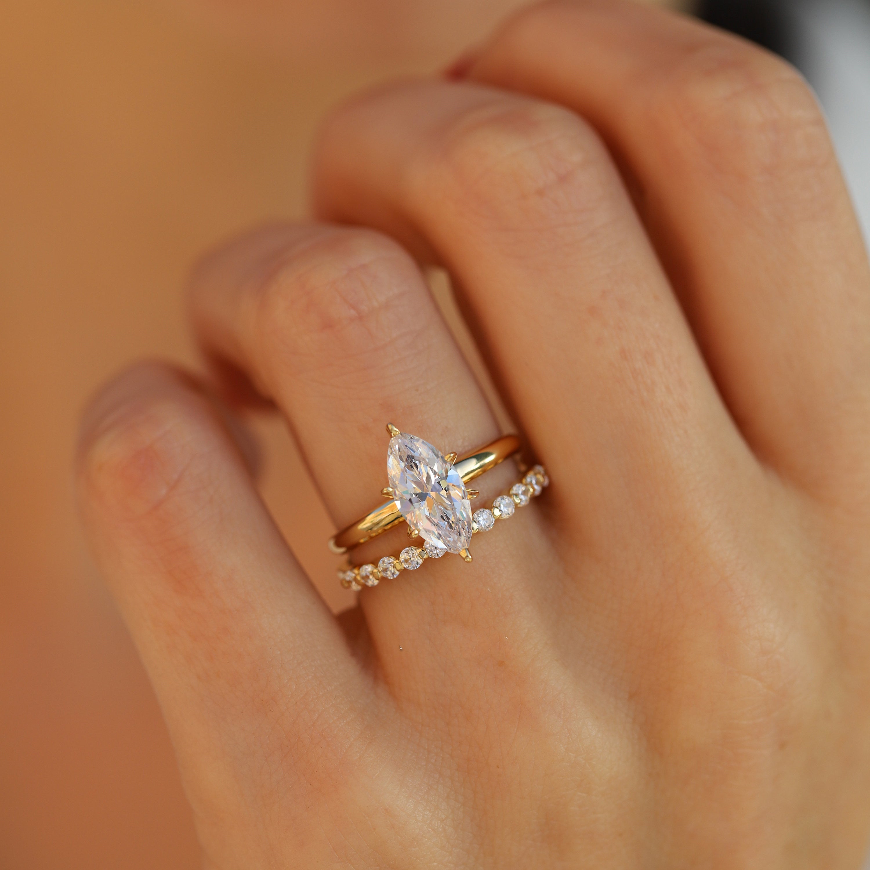 Marquise Cut Solitaire Engagement Ring & Half Eternity Band in Sterling