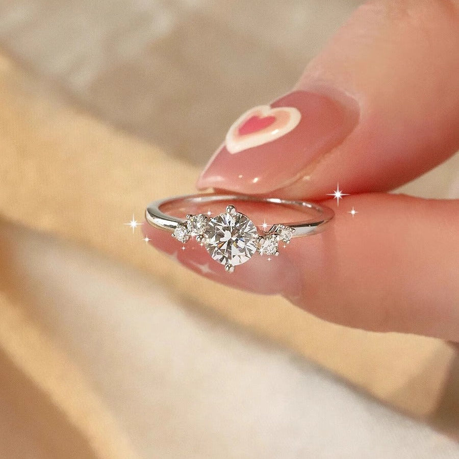 1CT Round Cut Lunaire Cluster Moissanite Engagement Ring in Sterling Silver