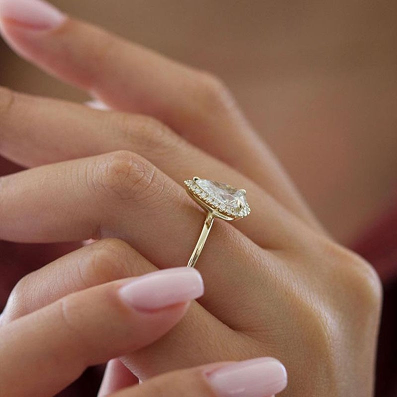 Halo Pear Cut Golden Tone Engagement Ring