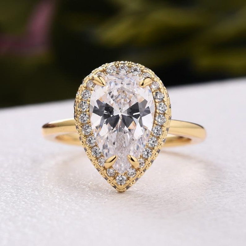 Halo Pear Cut Golden Tone Engagement Ring