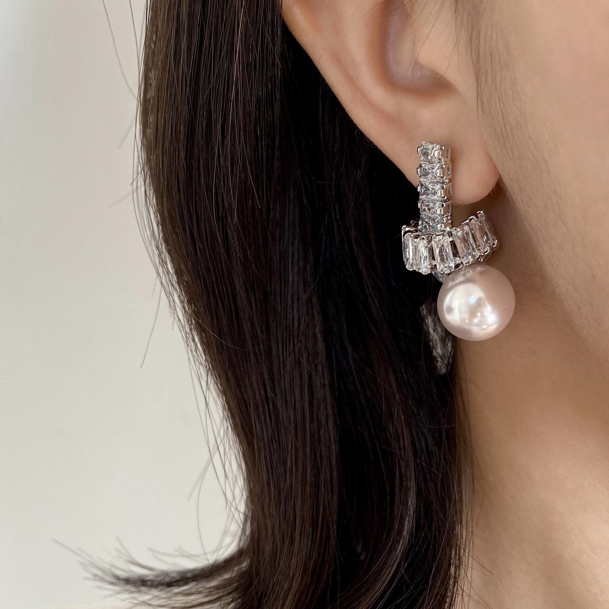 Elegant Pearl Drop Earrings with Baguette Stone Accents