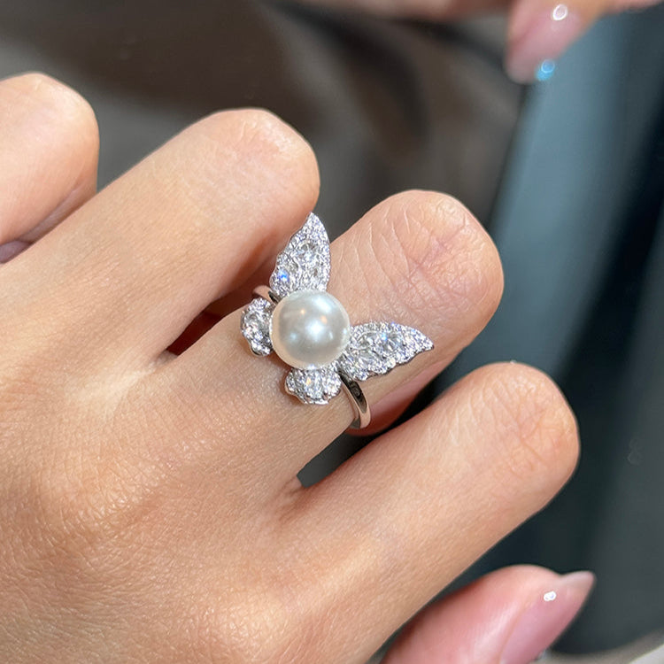 Butterfly Pearl Fashionable Adjustable Ring In Sterling Silver